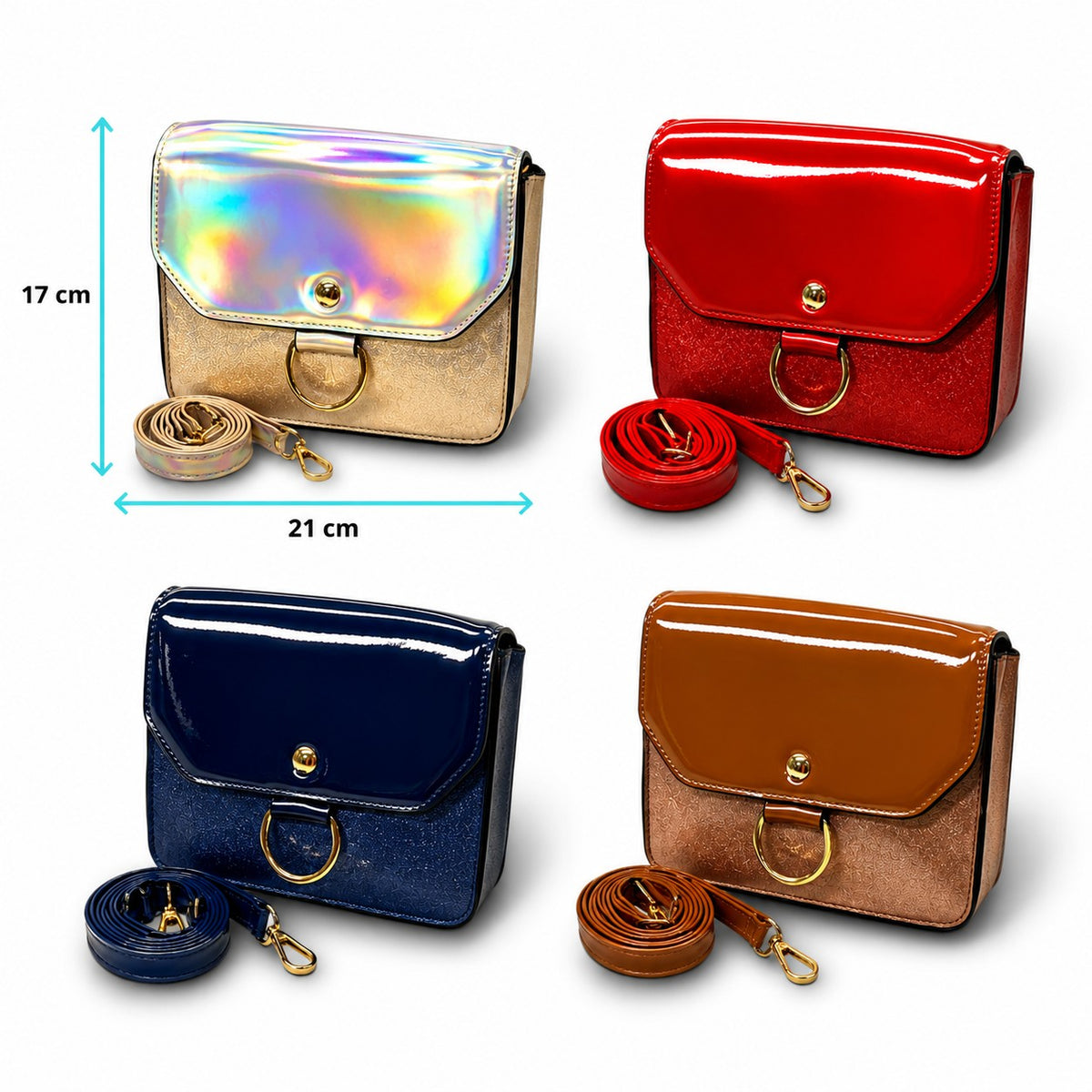 Bolsos COMERCIALIZADORA YW modelo YW2740 en colores brillante, rojo, azul y café con correa ajustable