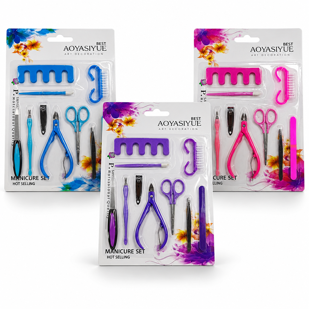 Kit de manicura con herramientas organizadas en empaque con diseño floral