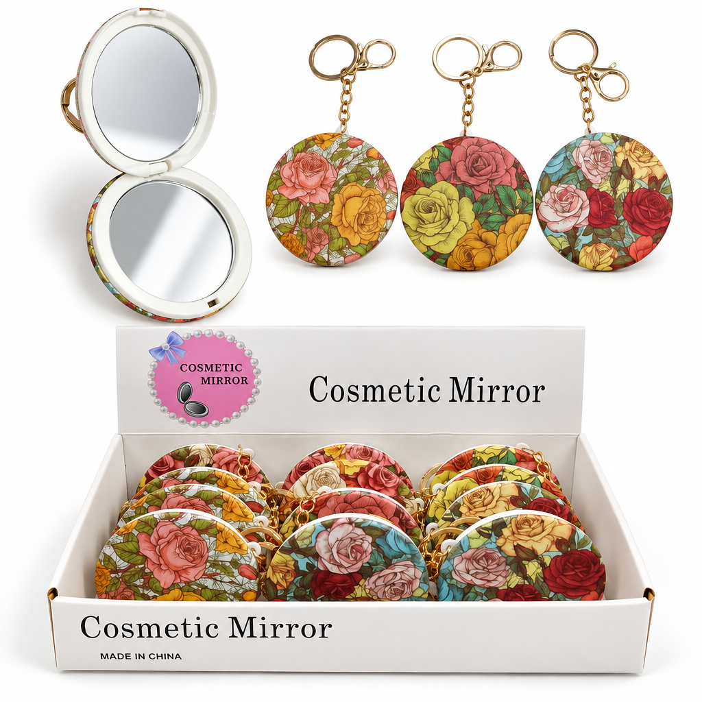 Espejo plegable ovalado con diseño floral multicolor y argolla metálica para llavero