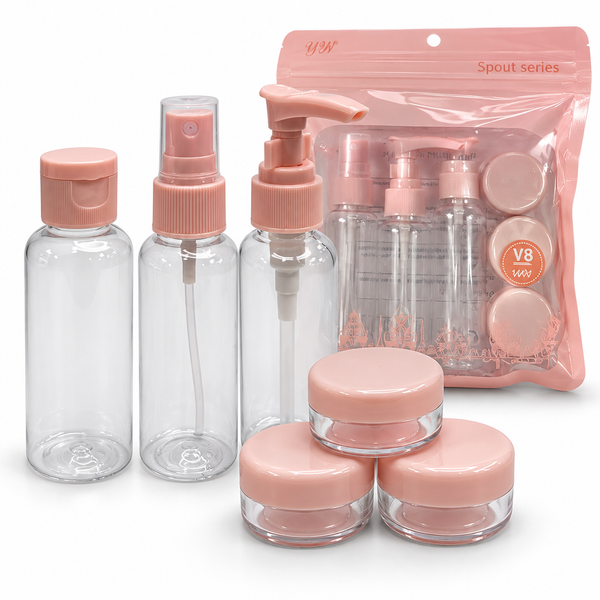 Kit de envases de viaje transparentes con tapas y dispensadores rosados