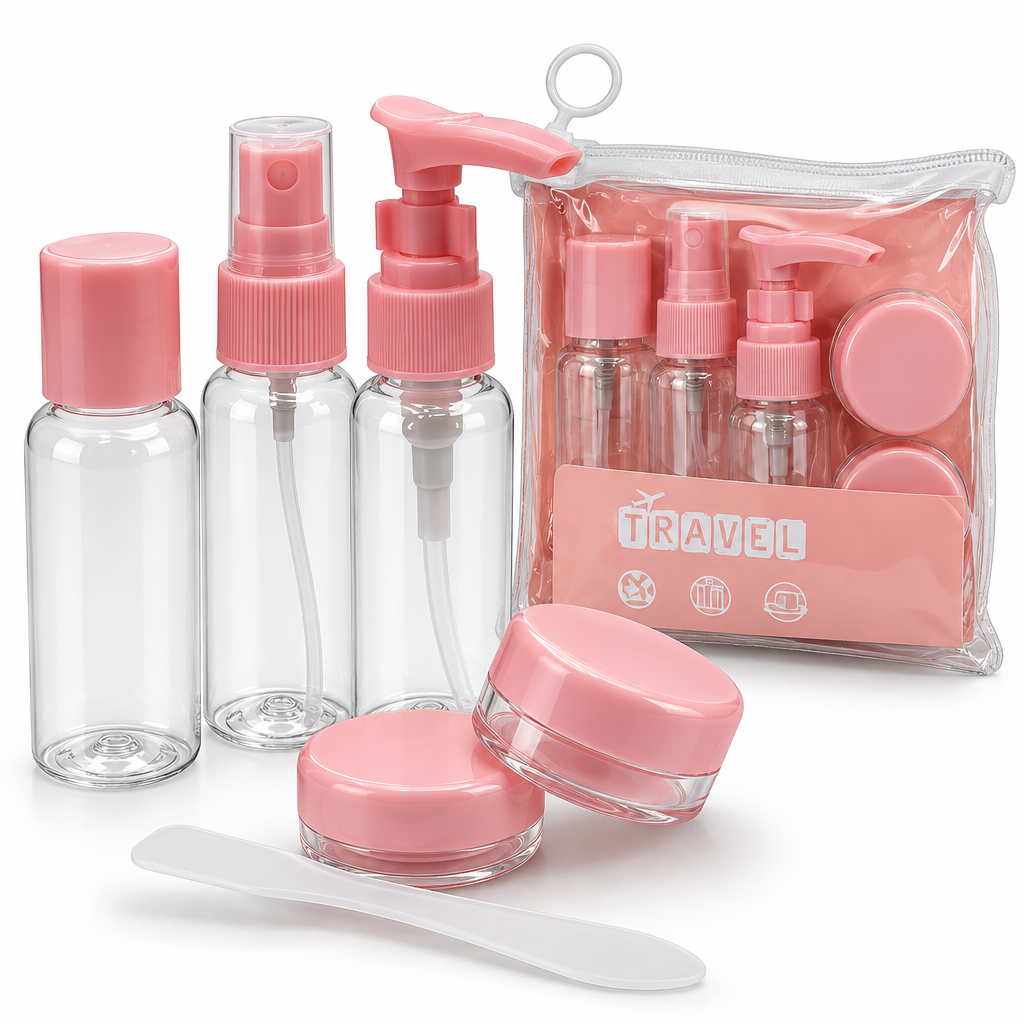 Kit de viaje con envases transparentes de tapas rosas, recipientes apilables, espátula y estuche transparente con cierre