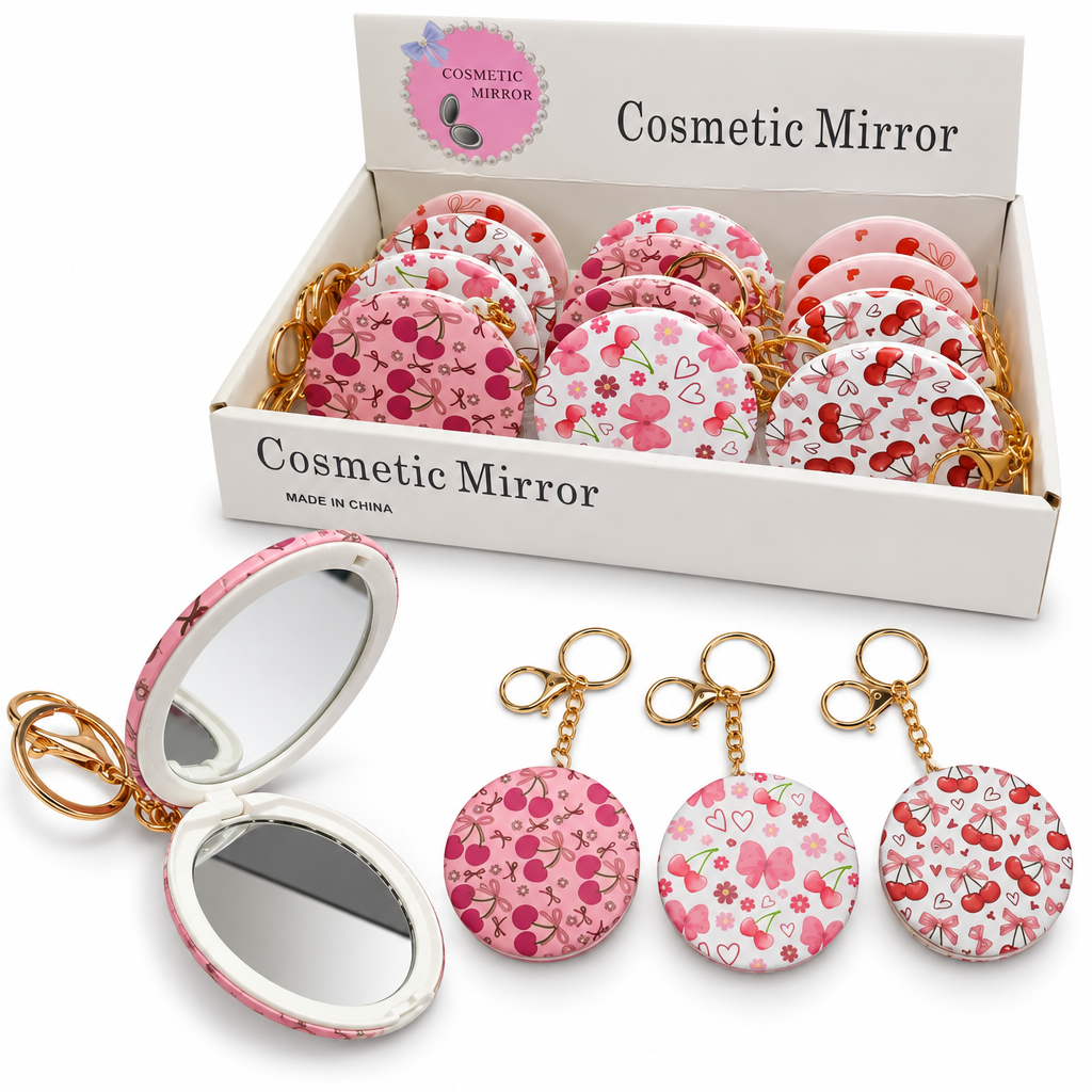 Espejo redondo plegable con llavero metálico y diseños decorativos de flores, corazones, mariposas y cerezas