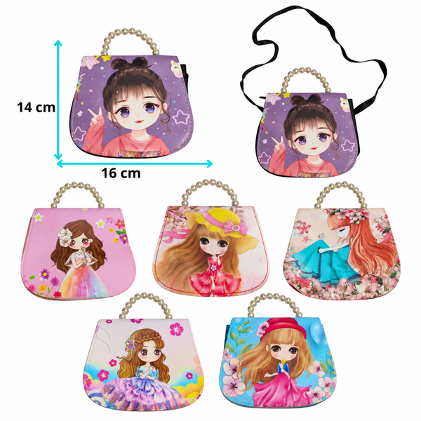 Bolso infantil ilustrado con diseño de niña, asa decorada con cuentas y correa larga negra visible en una fotografía