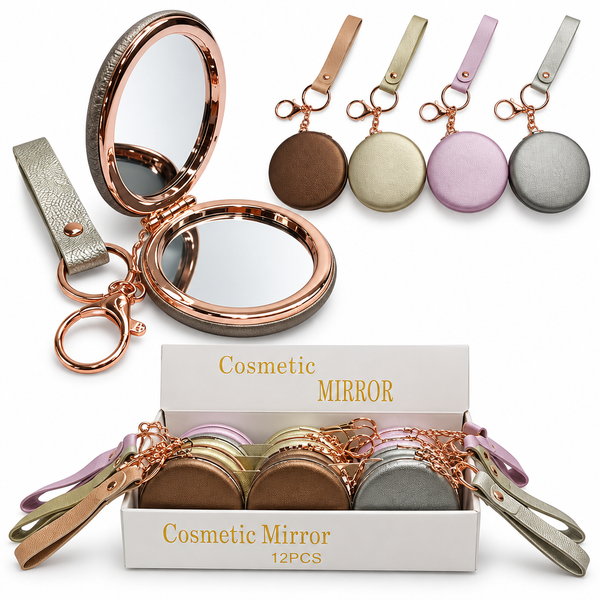 Espejo compacto abierto con dos superficies reflectantes y una correa; se muestran estuches redondos en marrón, beige, rosa claro y gris.