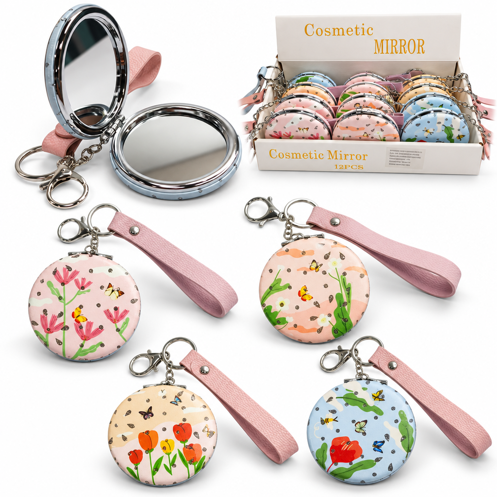 Espejo compacto redondo abierto y cerrado, con correa de muñeca, herrajes de llavero y diseños ilustrados de flores e insectos.