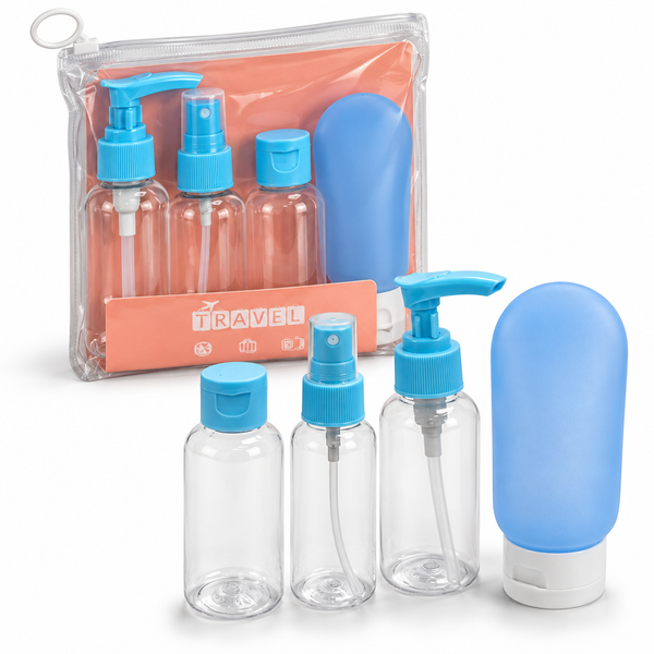 Kit de envases de viaje transparentes con tapas azules, atomizador, dispensador de bomba y estuche transparente