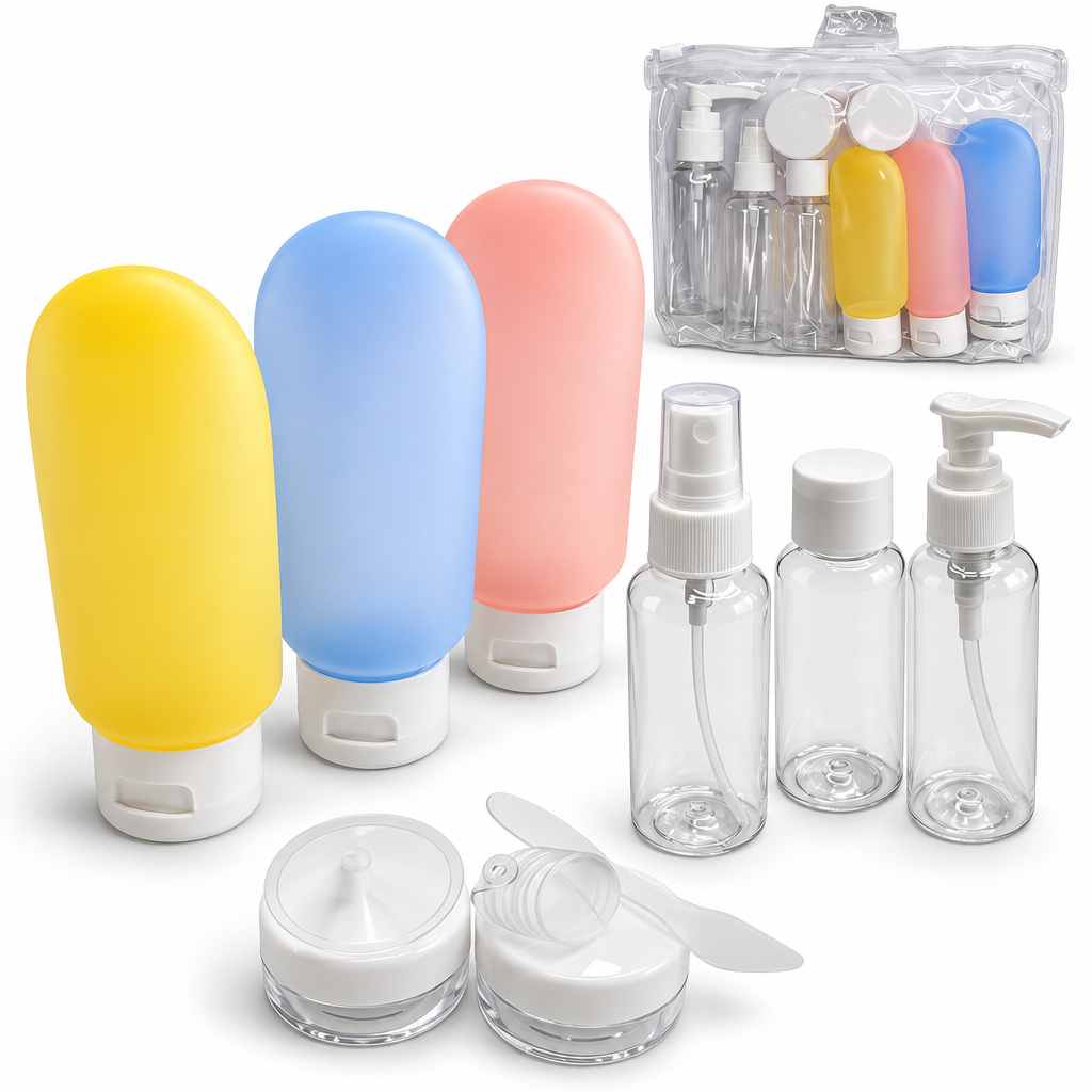Kit de envases de viaje con frascos, recipientes y espátulas pequeñas; se observan envases amarillos, azules y rosas.