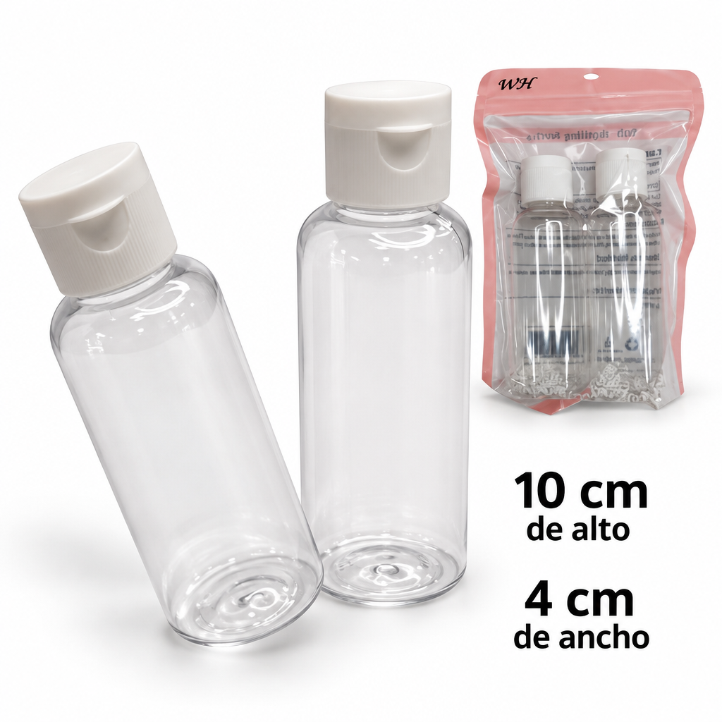 Kit de viaje con botellas pequeñas transparentes y tapa blanca
