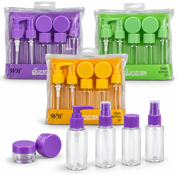 Kit de envases pequeños para viaje con tapas y dosificadores dentro de un estuche transparente