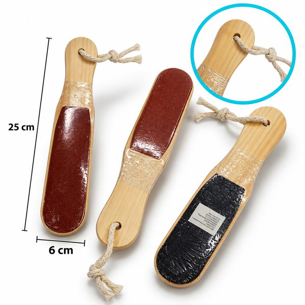 Raspador para callos alargado con superficies de limado en ambas caras y cordón en el extremo